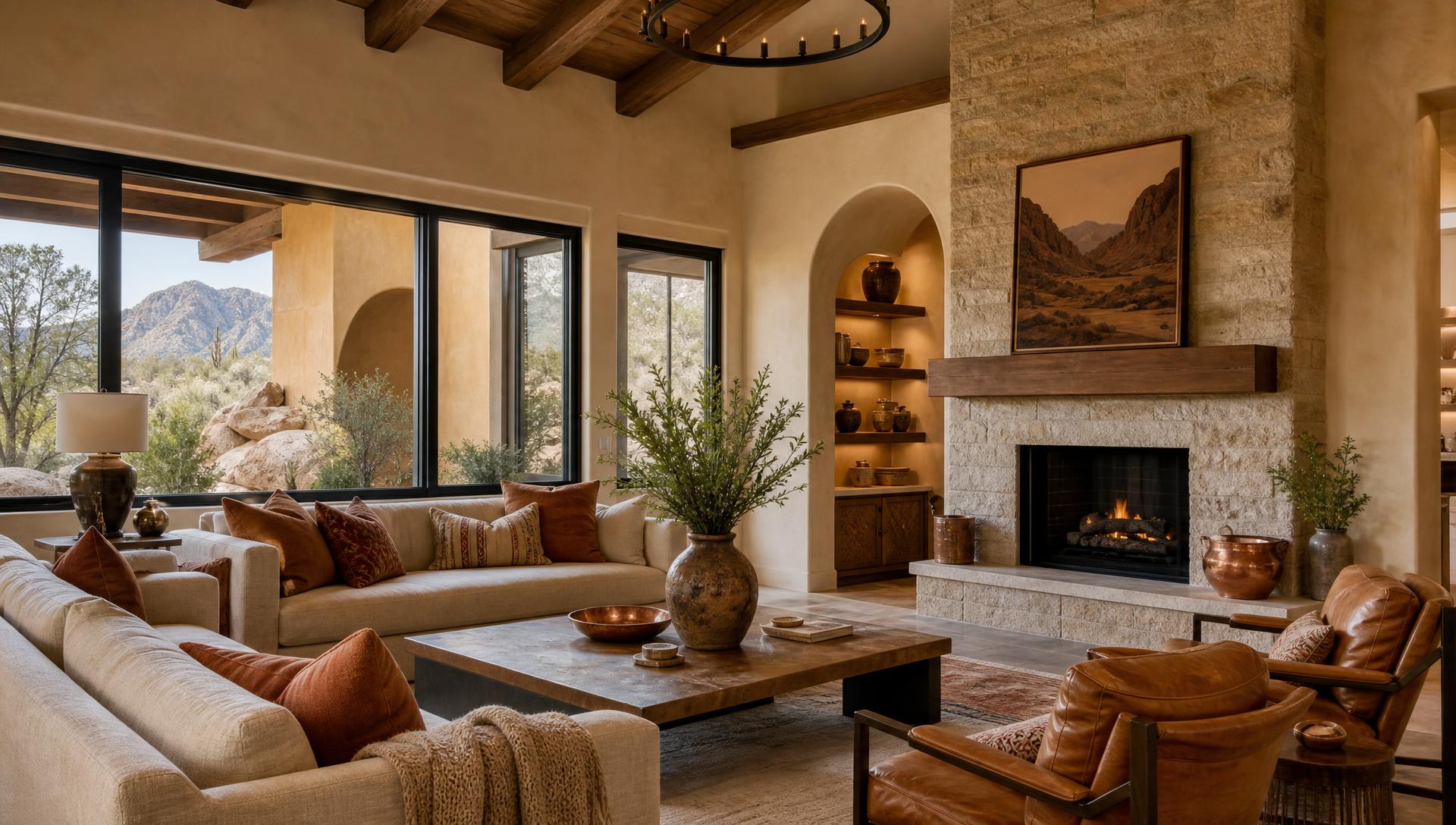 Elegant modern Southwestern living room with stone fireplace and desert mountain views