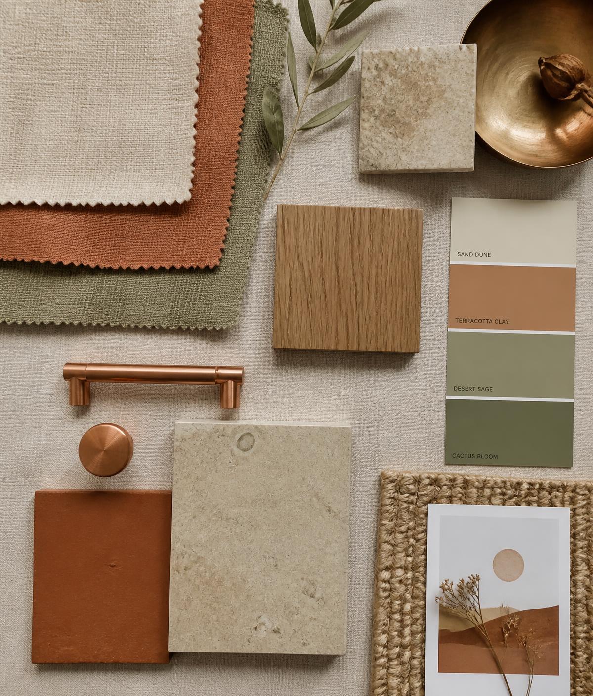 Interior design material palette of linen, terracotta tile, white oak, limestone, and copper hardware