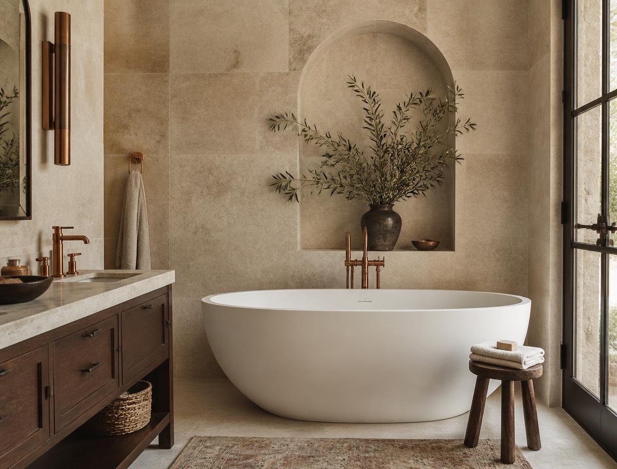 Southwestern spa bathroom with limestone walls, freestanding tub, and copper fixtures