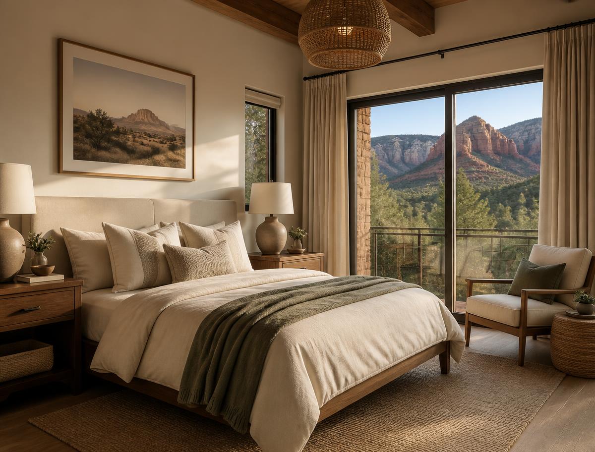 Serene bedroom with linen bedding and red rock views in a Northern Arizona home