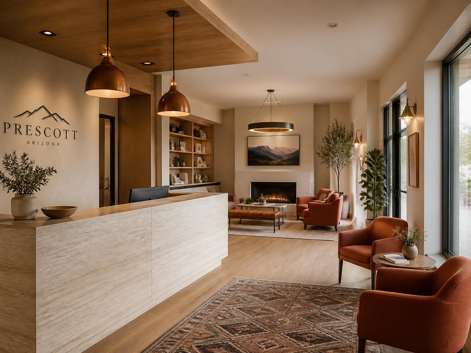 Commercial reception lounge with travertine desk, copper pendants, and terracotta chairs in Prescott Arizona
