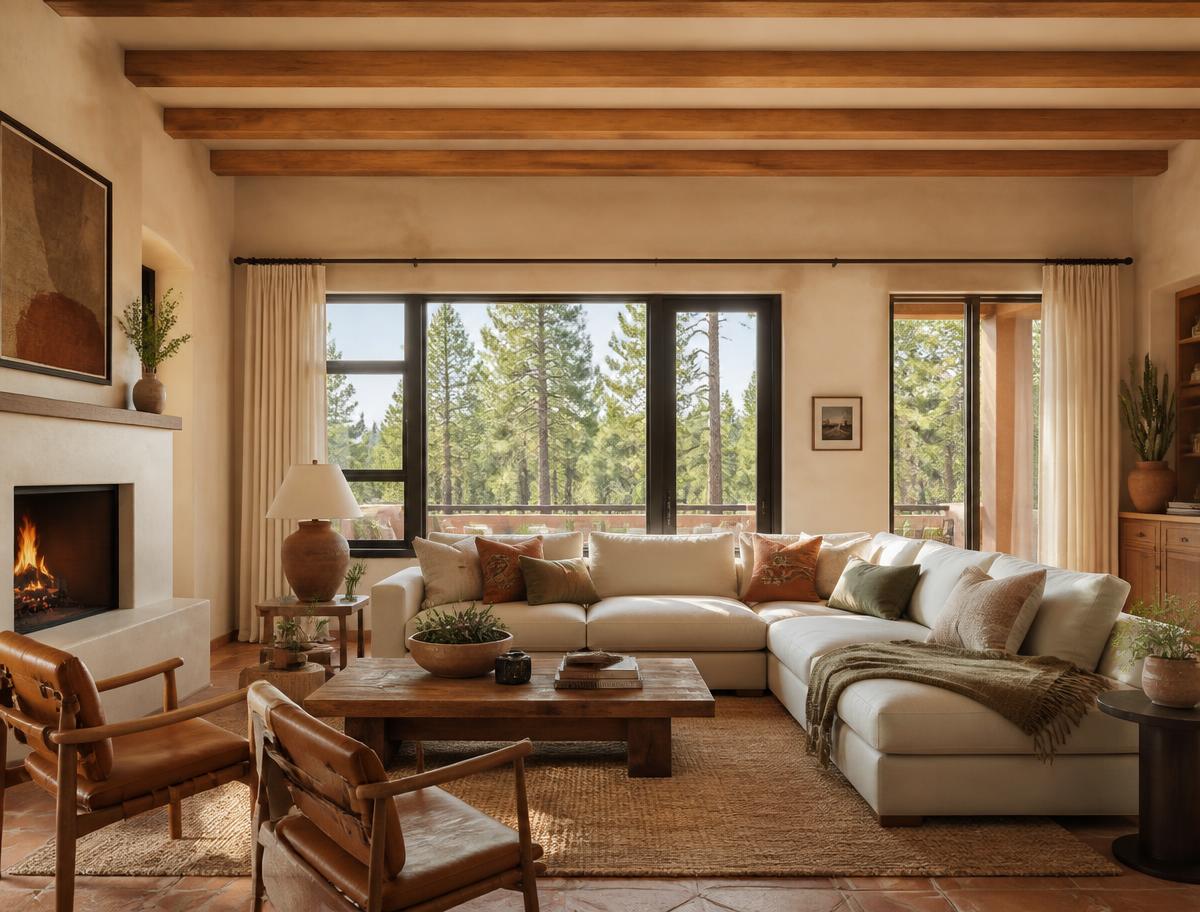 Modern Southwestern living room with pine forest views in a Prescott, Arizona home