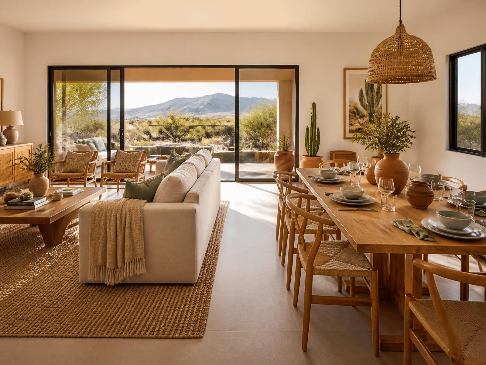 Furnished short-term rental living and dining space with oak table and desert mountain views in Arizona